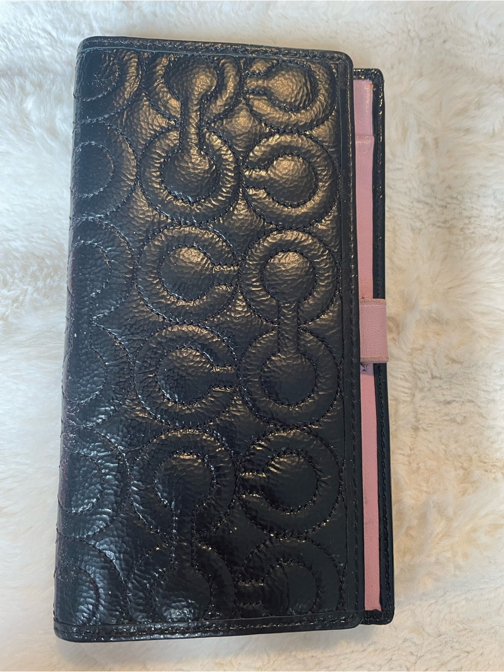 Coach Black Leather Signature Embossed Checkbook Wallet with Pink Interior